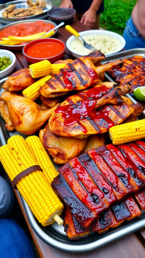 A beautiful barbecue platter showcasing chicken, ribs, and corn in a summery outdoor setting.